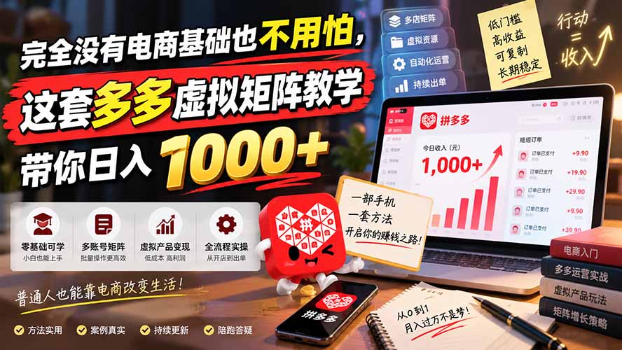 完全没有电商基础也不用怕，这套多多虚拟矩阵教学带你日入 1000+-优优云创网