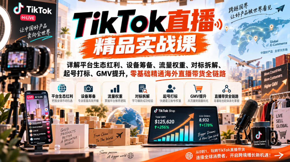 TikTok直播精品实战课,详解平台生态红利、设备筹备、流量权重、对标拆解、起号打标、GMV提升,零基础精通海外直播带货全链路-优优云创网
