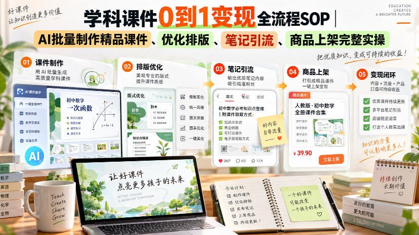 学科课件0到1变现全流程SOP｜AI批量制作精品课件、优化排版、笔记引流、商品上架完整实操​-优优云创网