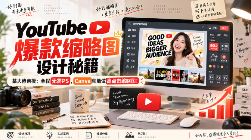 YouTube爆款缩略图设计秘籍,某油管大佬(610万订阅者)亲授,全程无需PS,Canva就能做高点击缩略图!【原创双语字幕】-优优云创网