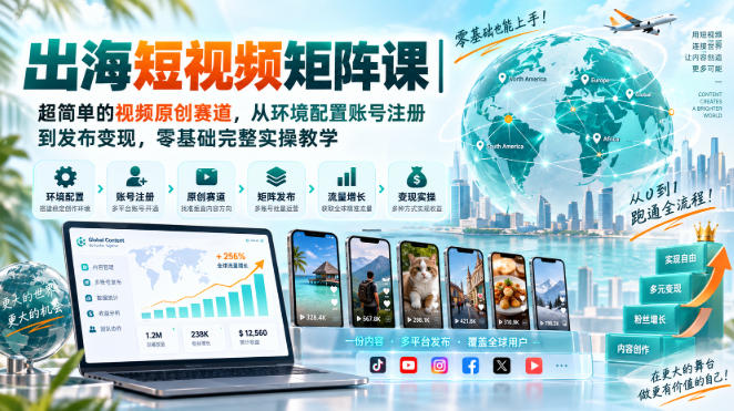 出海短视频矩阵课｜超简单的视频原创赛道，从环境配置账号注册到发布变现，零基础完整实操教学-优优云创网