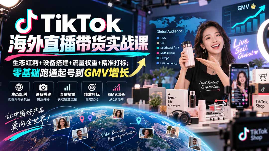 TikTok海外直播带货实战课|生态红利+设备搭建+流量权重+精准打标,零基础跑通起号到GMV增长-优优云创网