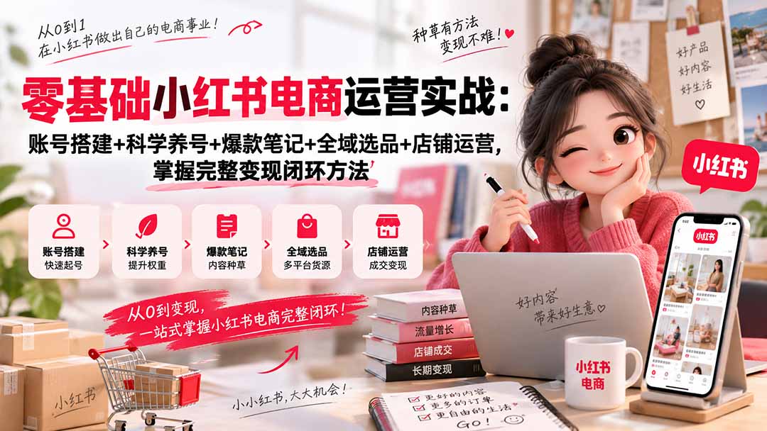 零基础小红书电商运营实战：账号搭建+科学养号+爆款笔记+全域选品+店铺运营，掌握完整变现闭环方法-优优云创网