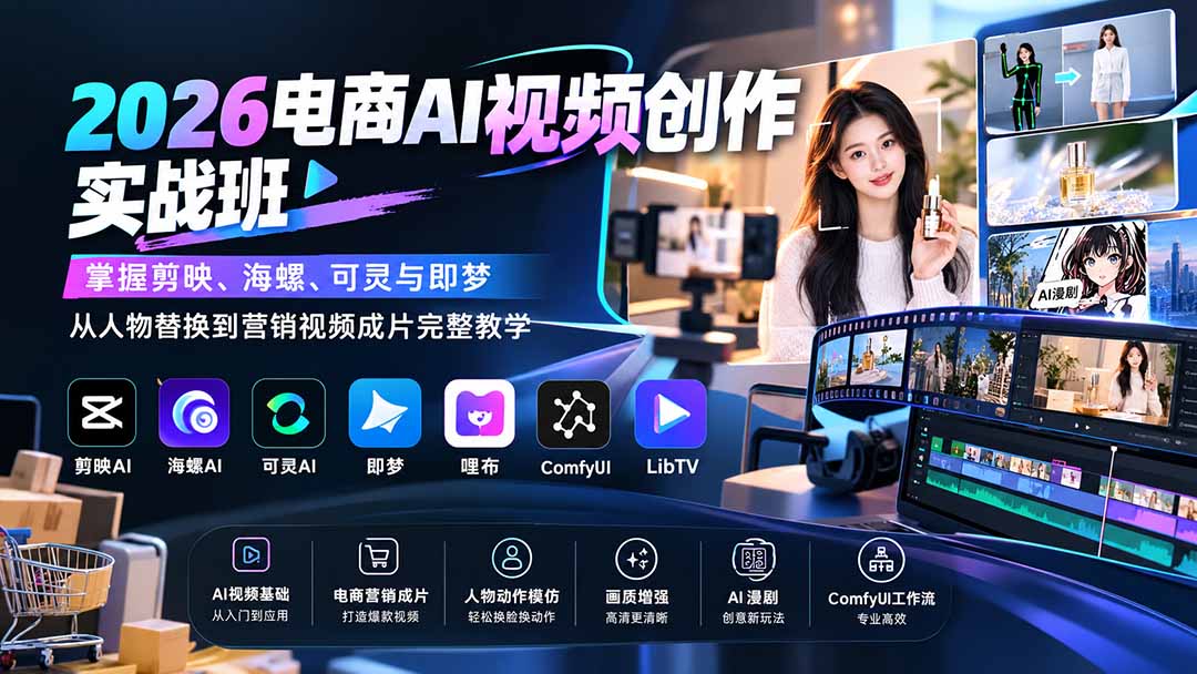 2026电商AI视频创作实战班:掌握剪映、海螺、可灵与即梦,从人物替换到营销视频成片完整教学-优优云创网