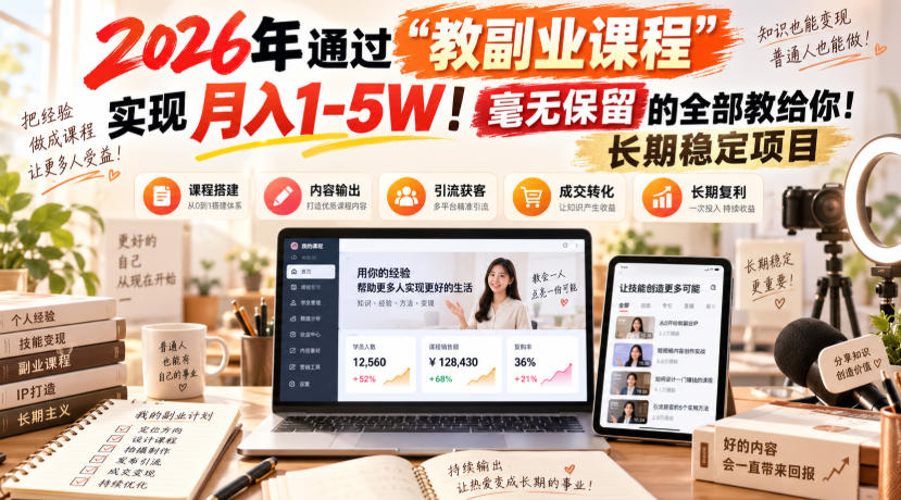 2026年通过“教副业课程”实现月入1-5W！毫无保留的全部教给你！长期稳定项目-优优云创网