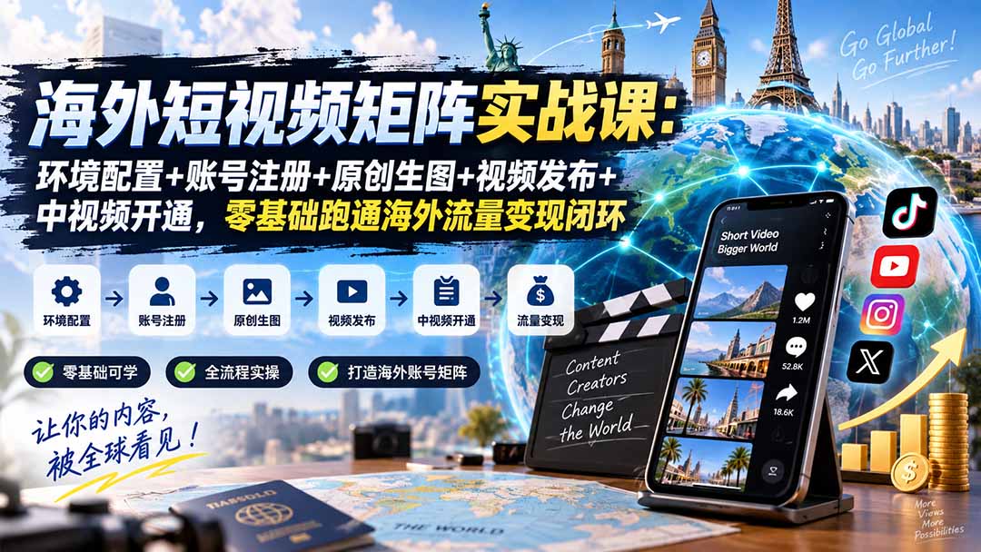 海外短视频矩阵实战课：环境配置+账号注册+原创生图+视频发布+中视频开通，零基础跑通海外流量变现闭环-优优云创网