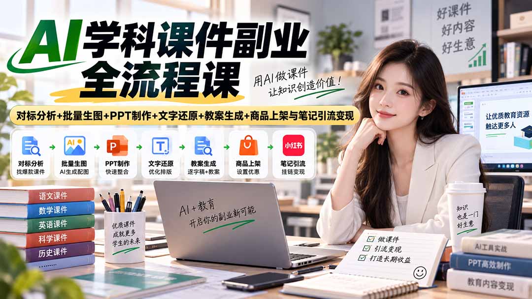 AI学科课件副业全流程课｜对标分析+批量生图+PPT制作+文字还原+教案生成+商品上架与笔记引流变现-优优云创网