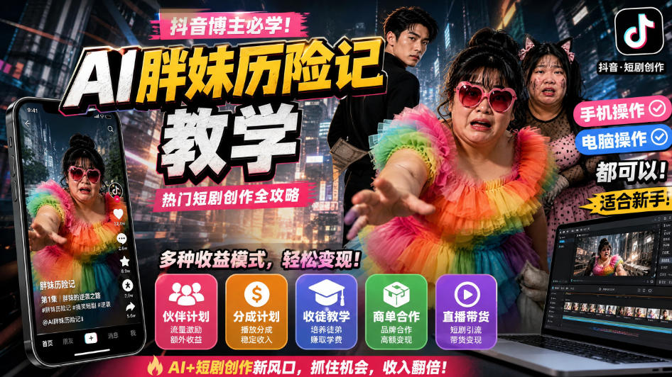 抖音博主的AI胖妹历险记教学，伙伴计划+分成计划+收徒+商单等多种收益，适合新手，手机电脑都可以操作-优优云创网