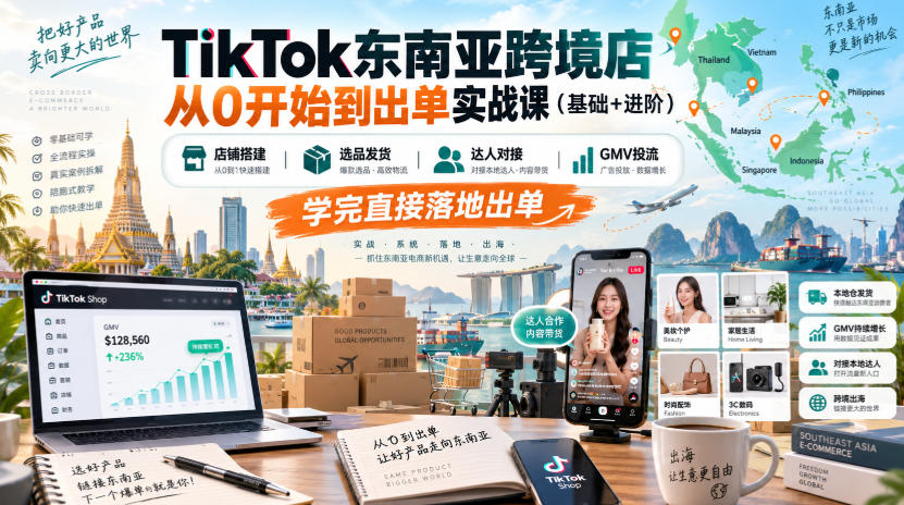 TikTok东南亚跨境店从0开始到出单实战课(基础+进阶)，店铺搭建、选品发货、达人对接、GMV投流，学完直接落地出单-优优云创网