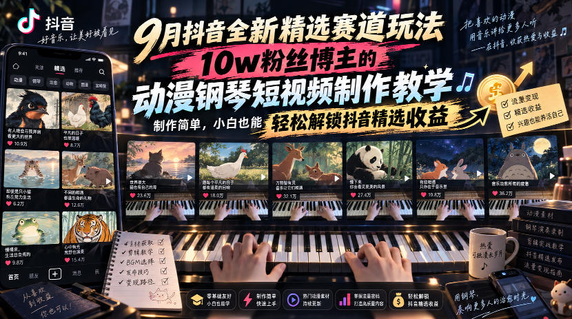 9月抖音全新精选赛道玩法,10w粉丝博主的动漫钢琴短视频制作教学,制作简单,小白也能轻松解锁抖音精选收益-优优云创网