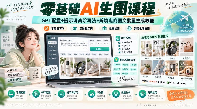 零基础AI生图课程，GPT配置+提示词高阶写法+跨境电商图文批量生成教程-优优云创网