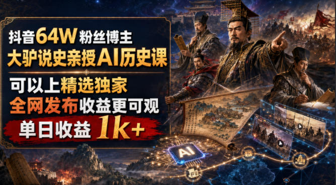 抖音64W粉丝博主大驴说史亲授AI历史课，可以上精选独家，全网发布收益更可观，单日收益1k+(更新)-优优云创网