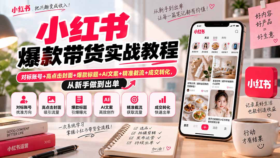 小红书爆款带货实战教程｜对标账号+高点击封面+爆款标题+AI文案+精准截流+成交转化，从新手做到出单-优优云创网