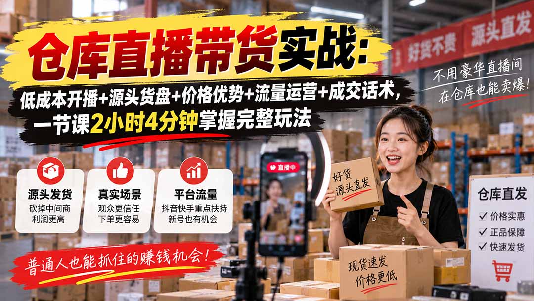 仓库直播带货实战：低成本开播+源头货盘+价格优势+流量运营+成交话术，一节课2小时4分钟掌握完整玩法-优优云创网