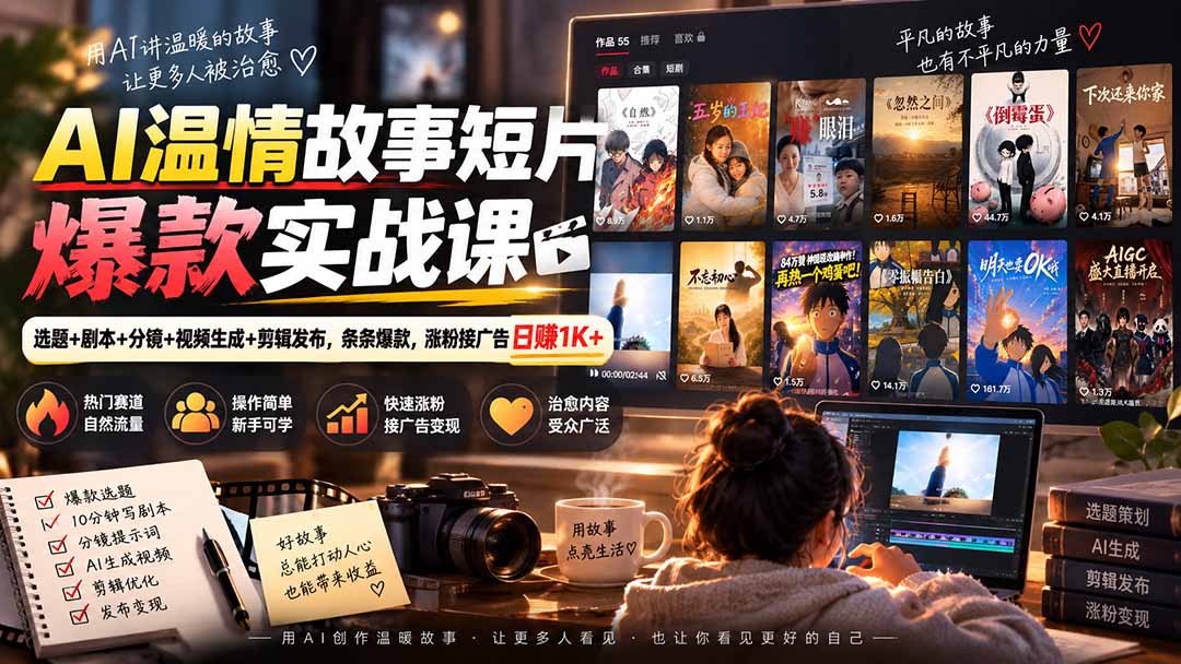AI温情故事短片爆款实战课-更新|选题+剧本+分镜+视频生成+剪辑发布,条条爆款,涨粉接广告日赚1K+-优优云创网