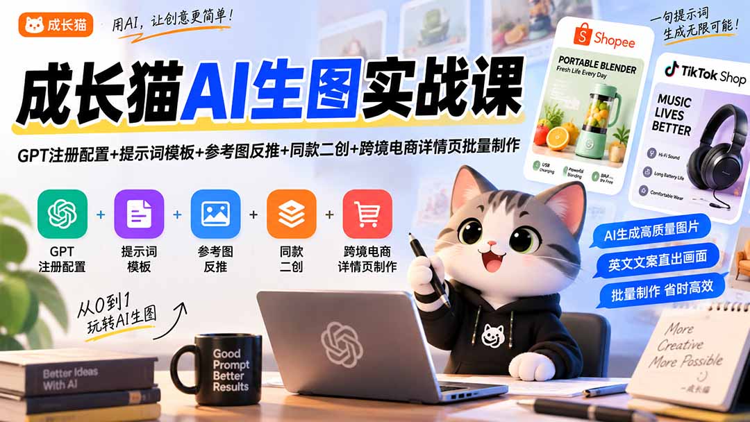 成长猫AI生图实战课|GPT注册配置+提示词模板+参考图反推+同款二创+跨境电商详情页批量制作-优优云创网