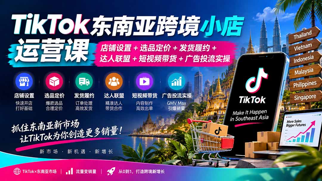 TikTok东南亚跨境小店运营课:店铺设置+选品定价+发货履约+达人联盟+短视频带货+广告投流实操-优优云创网