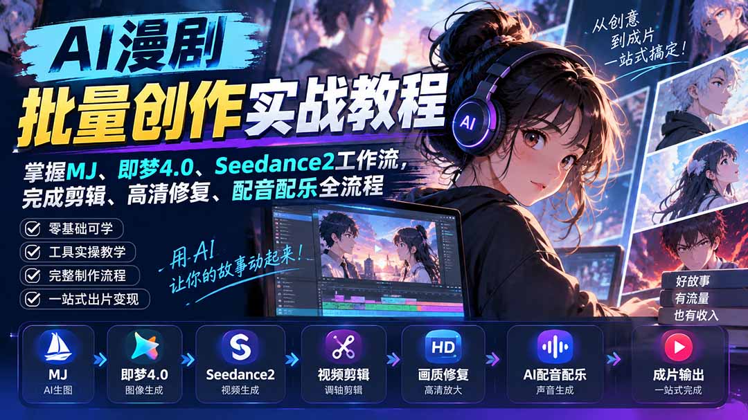 AI漫剧批量创作实战教程：掌握MJ、即梦4.0、Seedance2工作流，完成剪辑、高清修复、配音配乐全流程-优优云创网