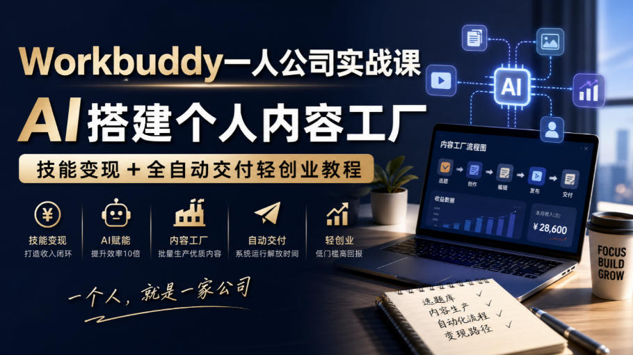 Workbuddy一人公司实战课，AI搭建个人内容工厂，技能变现+全自动交付轻创业教程​-优优云创网