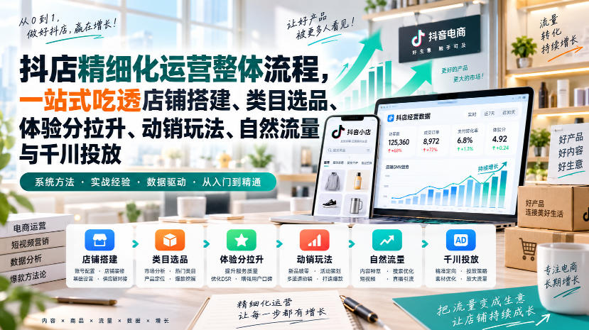李哥电商-抖店精细化运营整体流程,一站式吃透店铺搭建、类目选品、体验分拉升、动销玩法、自然流量与千川投放-优优云创网