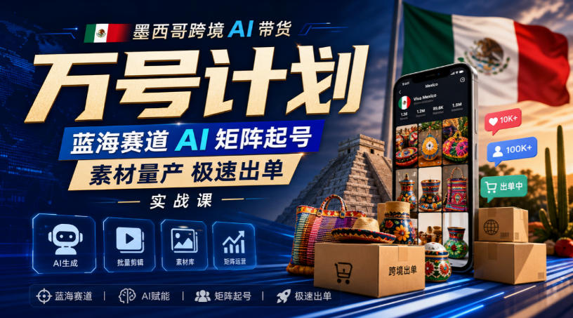 墨西哥跨境AI带货万号计划，蓝海赛道AI矩阵起号，素材量产极速出单实战课-优优云创网