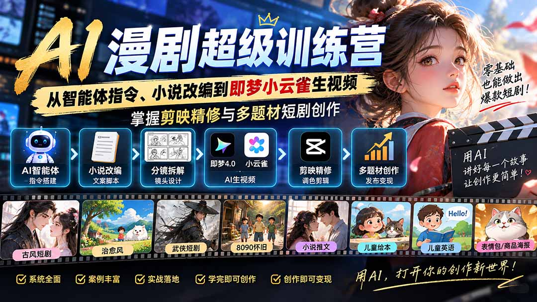 AI漫剧超级特训营：从智能体指令、小说改编到即梦小云雀生视频，掌握剪映精修与多题材短剧创作-优优云创网
