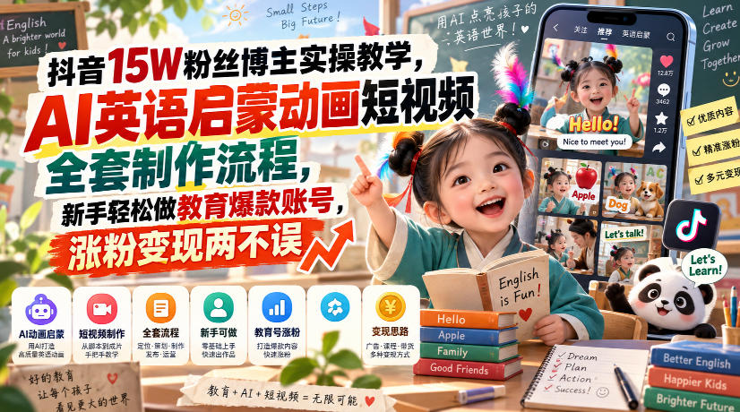 抖音15W粉丝博主实操教学，AI英语启蒙动画短视频全套制作流程，新手轻松做教育爆款账号，涨粉变现两不误-优优云创网