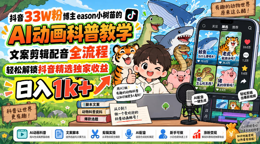 抖音33W粉博主eason小树苗的AI动画科普教学,文案剪辑配音全流程,轻松解锁抖音精选独家收益,日入1k+-优优云创网