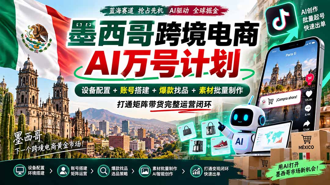 墨西哥AI跨境电商万号计划|设备配置+账号搭建+爆款找品+素材批量制作,打通矩阵带货完整运营闭环-优优云创网