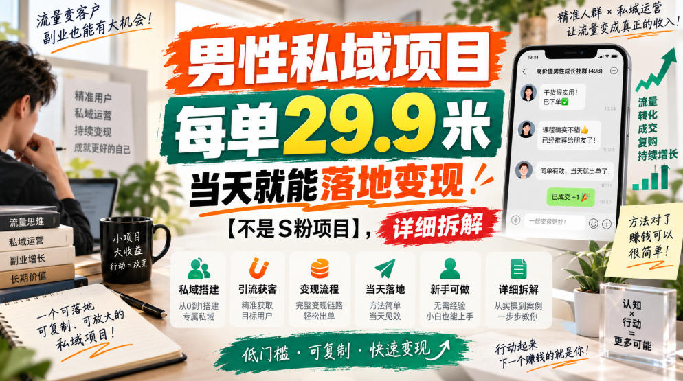 男性私域项目，每单29.9米，当天就能落地变现【不是S粉项目】，详细拆解-优优云创网