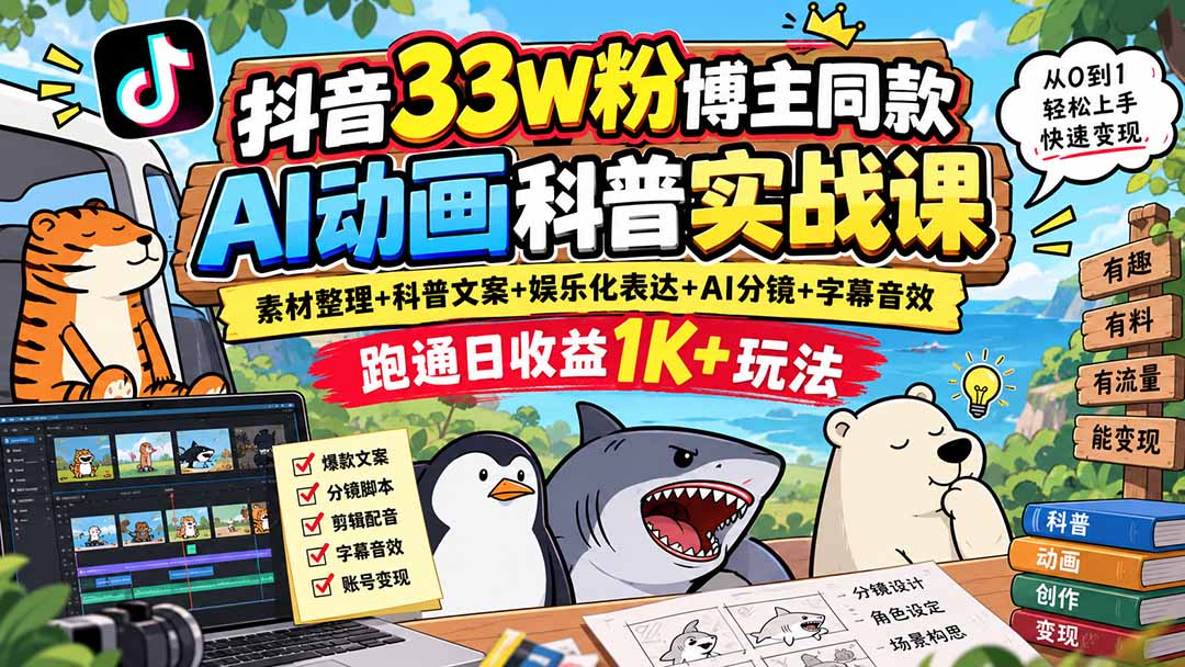 抖音33W粉博主同款AI动画科普实战课|素材整理+科普文案+娱乐化表达+AI分镜+字幕音效,跑通日收益1K+玩法-优优云创网