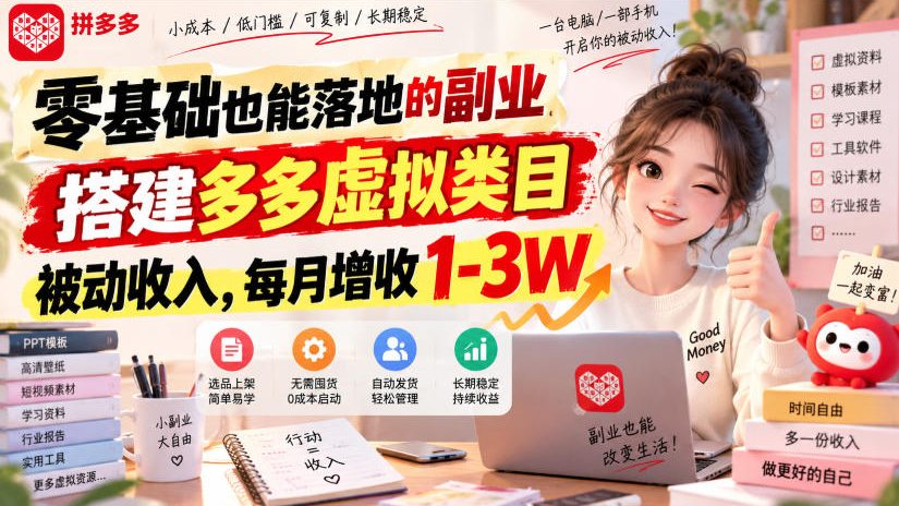 零基础也能落地的副业，搭建多多虚拟类目被动收入，每月增收1-3W【揭秘】-优优云创网