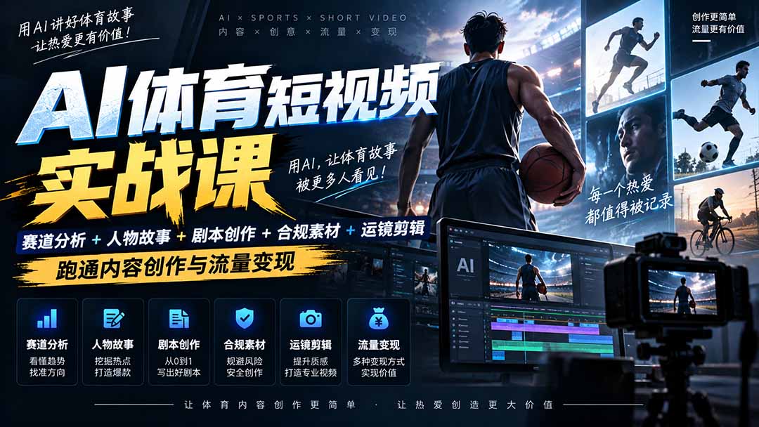 AI体育短视频赛道顶级玩法｜赛道分析+人物故事+剧本创作+版权处理+运镜剪辑，跑通流量变现-日赚1K+-优优云创网