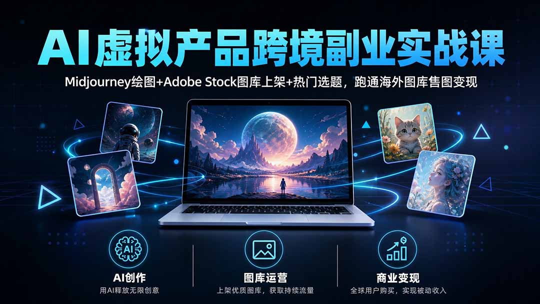 AI虚拟产品跨境副业实战课｜Midjourney绘图+Adobe Stock图库上架+热门选题，跑通海外图库售图变现-优优云创网