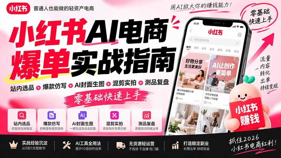 2026小红书AI电商爆单实战指南：站内选品+爆款仿写+AI封面生图+混剪实拍+测品复盘，零基础快速上手-优优云创网