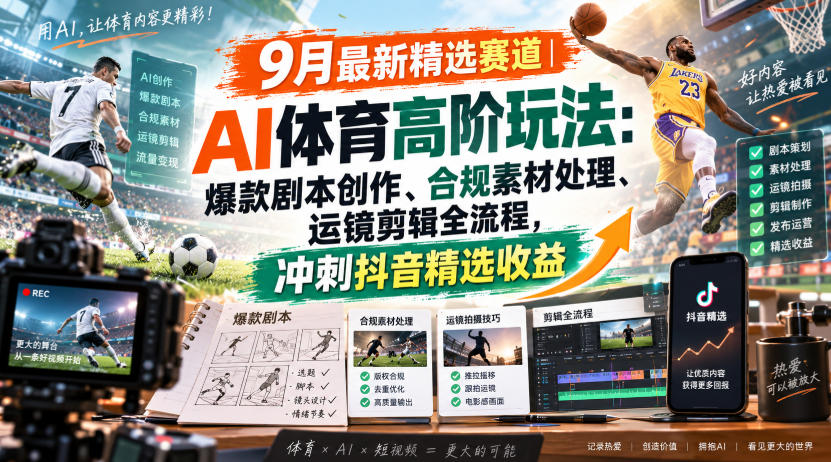 某大佬的9月最新精选赛道之AI体育顶级玩法，爆款剧本创作、版权规避、运镜剪辑全流程，稳拿抖音精选收益-优优云创网