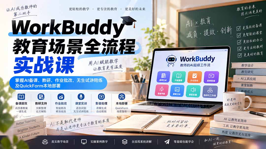 WorkBuddy教育场景全流程实战课：掌握AI备课、教研、作业批改、无生试讲陪练及QuickForm本地部署-优优云创网