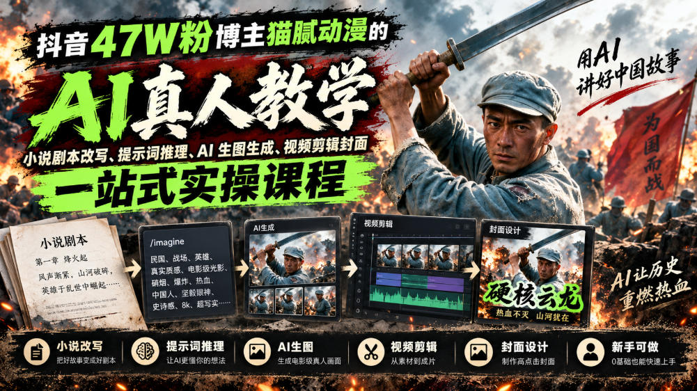 抖音47W粉博主猫腻动漫的AI真人漫剧教学，小说剧本改写、提示词推理、AI生图生成、视频剪辑封面一站式实操课程-优优云创网