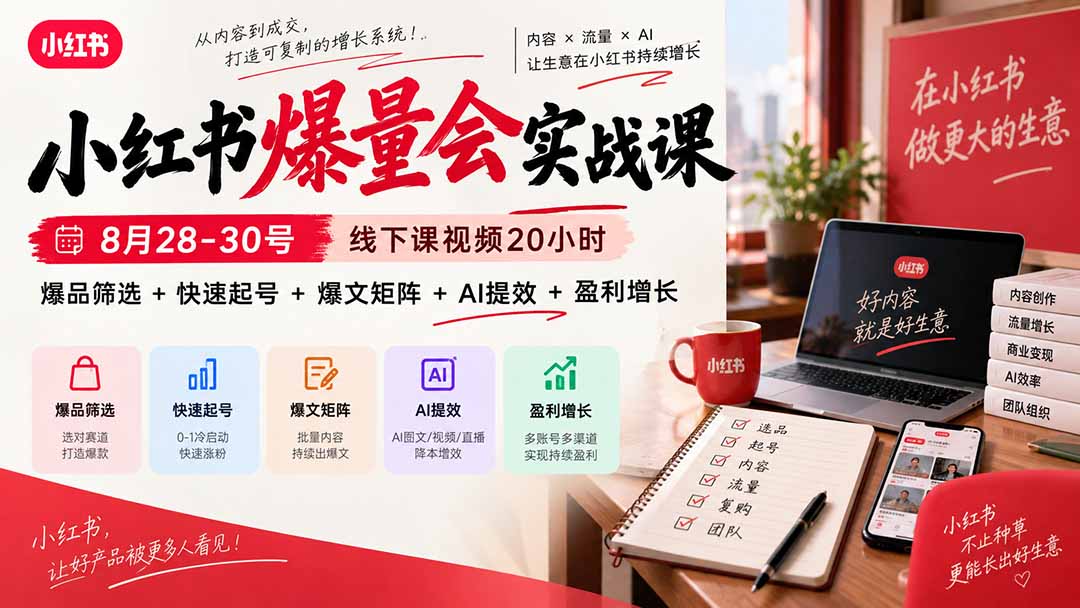 小红书爆量会实战课-更新9月17:线下课视频20小时,爆品筛选+快速起号+爆文矩阵+AI提效+盈利增长-优优云创网