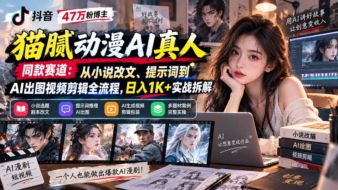 抖音47万粉博主猫腻动漫AI真人同款赛道：从小说改文、提示词到AI出图视频剪辑全流程，日入1K+实战拆解-优优云创网
