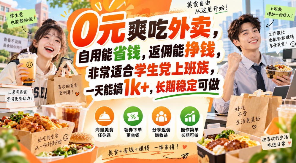 0元爽吃外卖，自用能省钱，返佣能挣钱，非常适合学生党上班族，一天能搞1k+，长期稳定可做-优优云创网