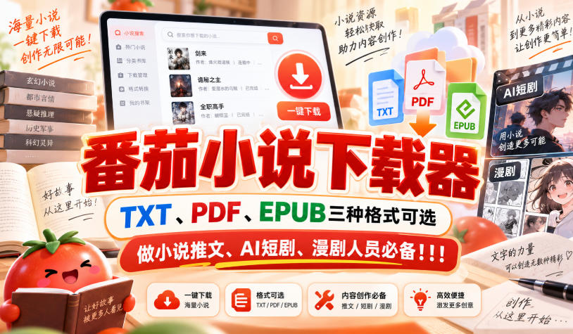 番茄小说下载器,TXT、PDF、EPUB三种格式可选,做小说推文、AI短剧、漫剧人员必备!!!-优优云创网