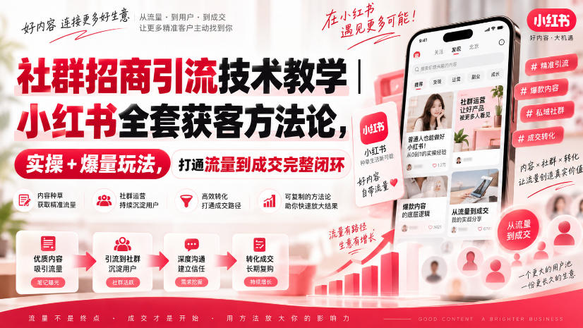 社群招商引流技术教学｜小红书全套获客方法论，实操+爆量玩法，打通流量到成交完整闭环-优优云创网