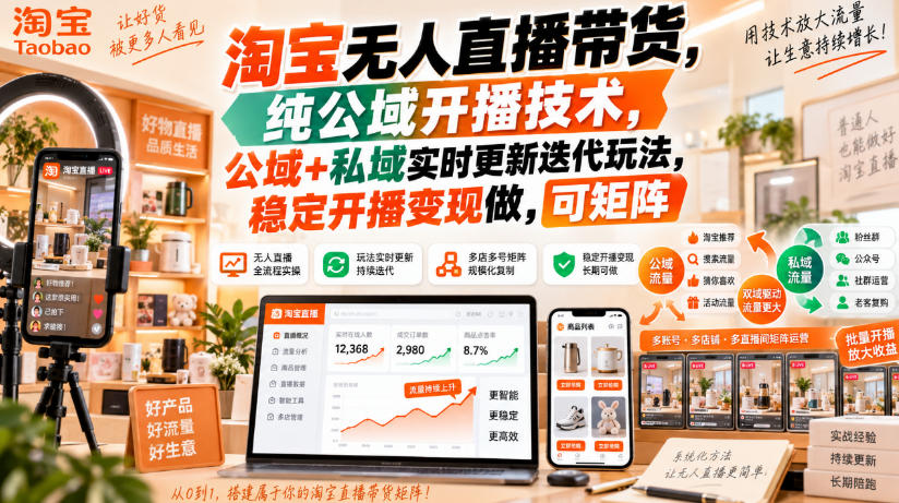 淘宝无人直播带货，纯公域开播技术，公域+私域实时更新迭代玩法，稳定开播变现做，可矩阵【揭秘】-优优云创网