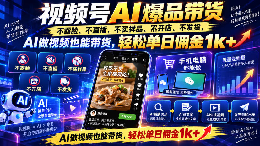视频号Ai爆品带货，不露脸、不直播、不买样品、不开店、不发货，AI做视频也能带货，轻松单日佣金1k+-优优云创网