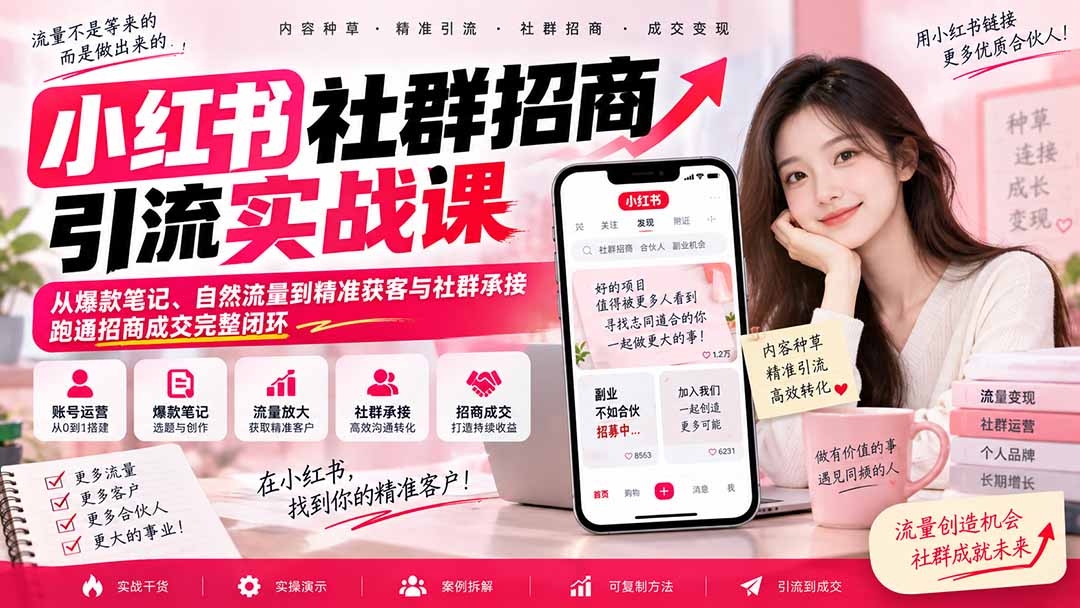 小红书社群招商引流实战课-无水印：从爆款笔记、自然流量到精准获客与社群承接，跑通招商成交完整闭环-优优云创网