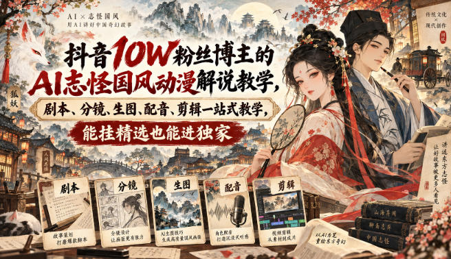 抖音10W粉丝博主满堂诡事的AI志怪国风动漫解说教学，剧本、分镜、生图、配音、剪辑一站式教学，能挂精选也能进独家​-优优云创网