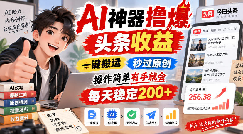 AI神器撸爆头条收益，一键搬运，秒过原创，操作简单有手就会，每天稳定200+【揭秘】-优优云创网