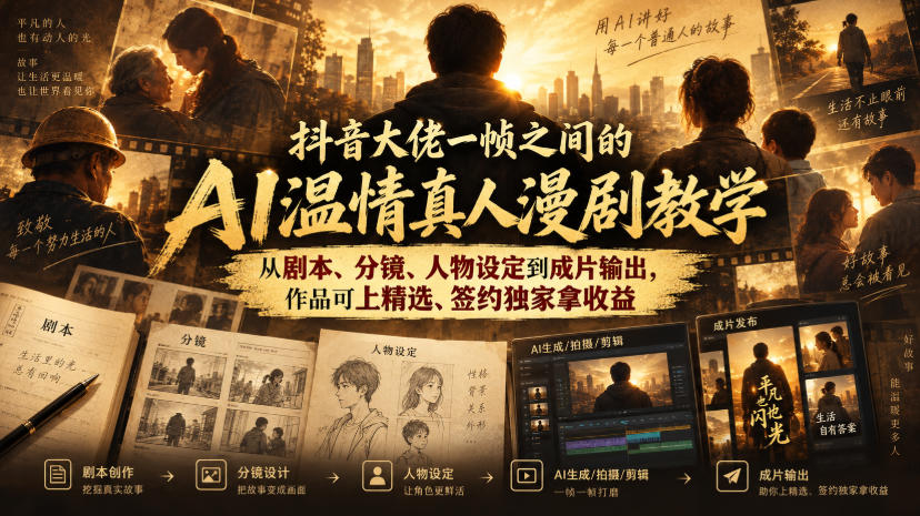 抖音大佬一帧之间的AI温情真人漫剧教学，从剧本、分镜、人物设定到成片输出，作品可上精选、签约独家拿收益-优优云创网