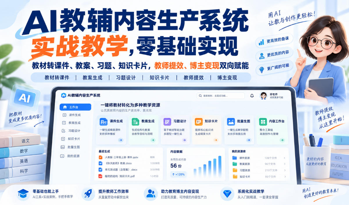 AI教辅内容生产系统实战教学，零基础实现教材转课件、教案、习题、知识卡片，教师提效、博主变现双向赋能-优优云创网
